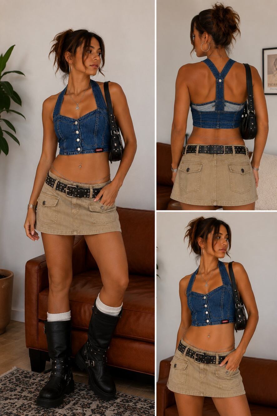 BONGO Vintage Y2K Denim Halter Crop Made USA Blue Jean Bralette Festival Size 3